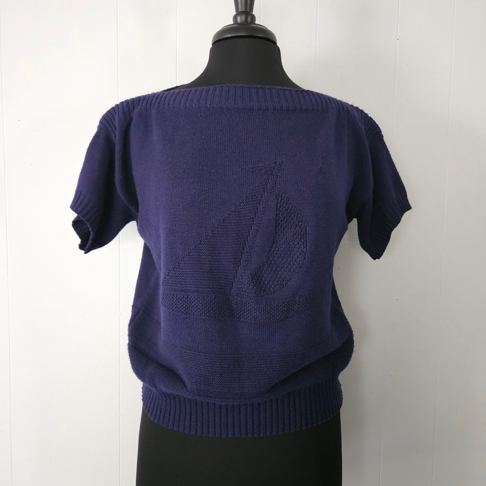 Short Sleeve Knit Sweater Womens Boat neck 80s Vintage Preppy Knit Size small